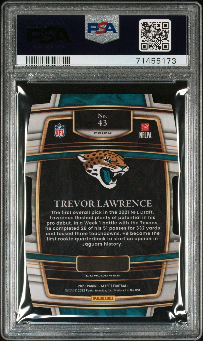 2021 Panini Select 43 Trevor Lawrence Die-cut Black/gold Prizm PSA