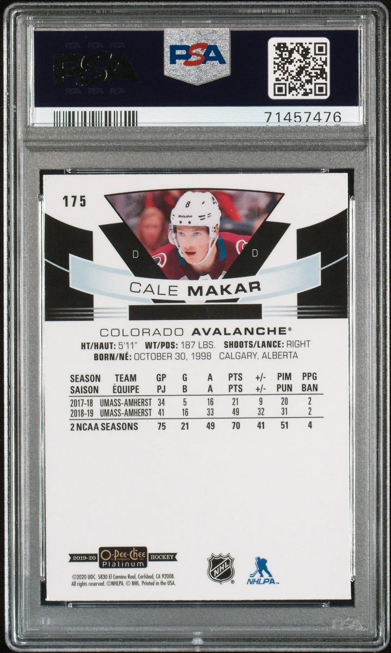 2019 O-pee-chee Platinum 175 Cale Makar PSA 9