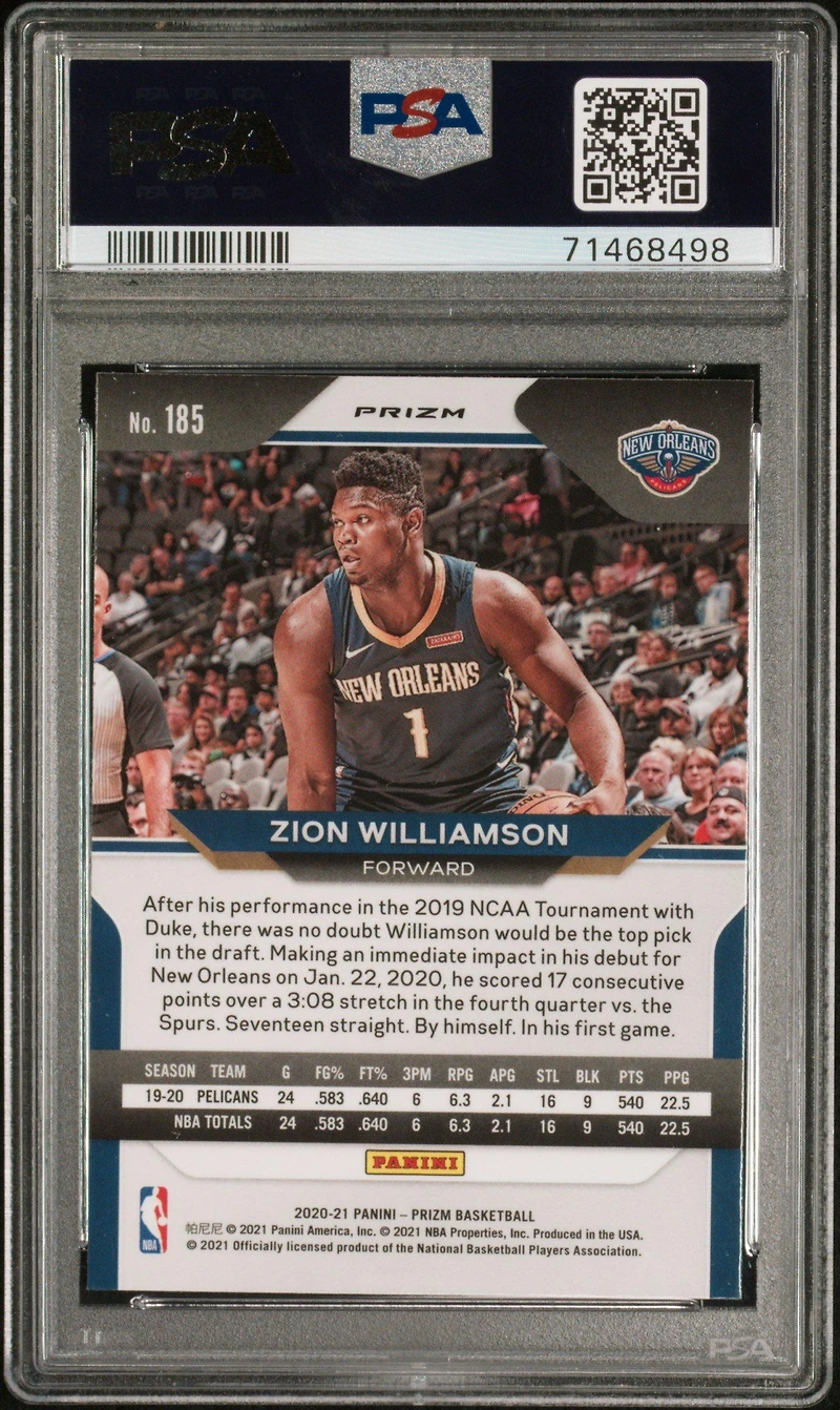 2020 Panini Prizm 185 Zion Williamson Silver Prizm PSA 10