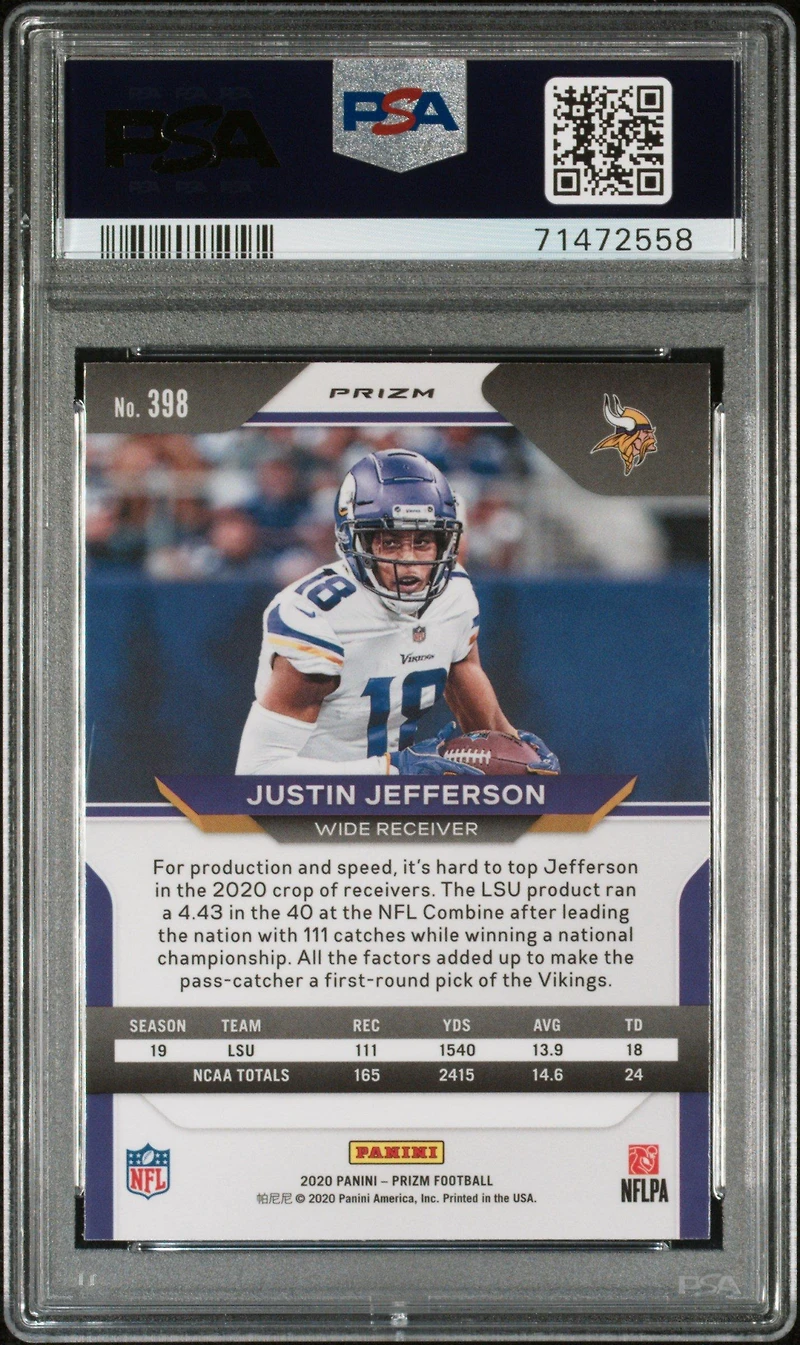 2020 Panini Prizm 398 Justin Jefferson Lazer Prizm PSA 10