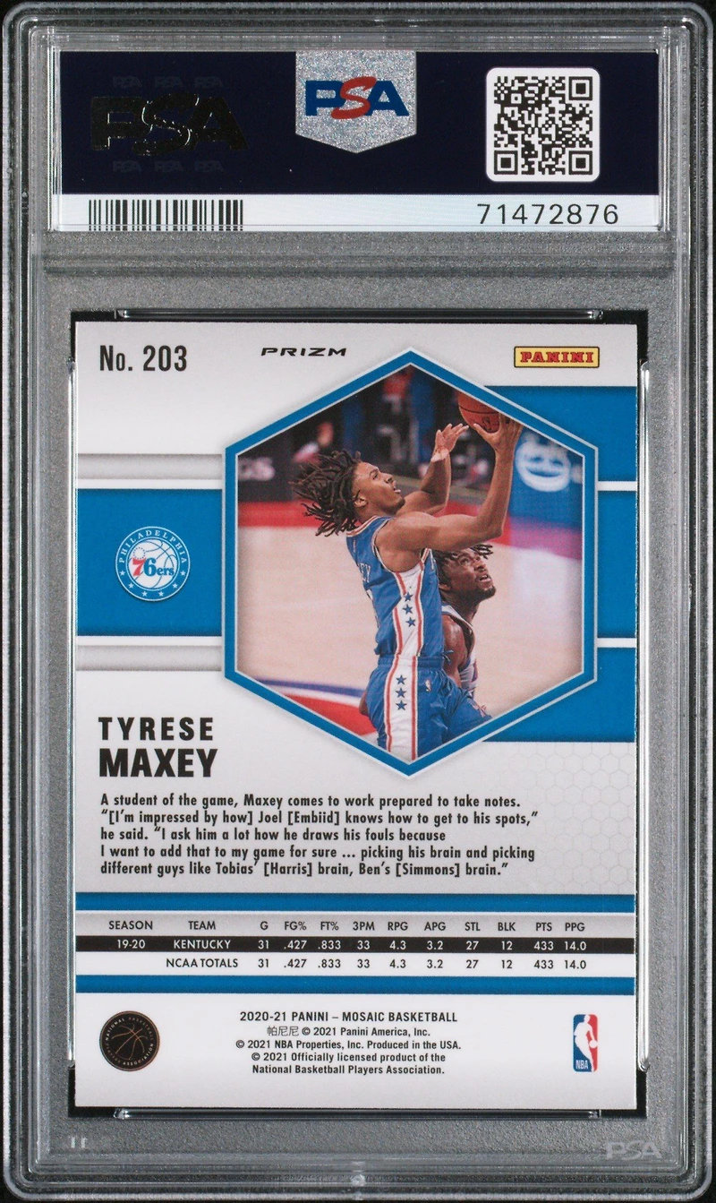 2020 Panini Mosaic 203 Tyrese Maxey Reactive PSA 10