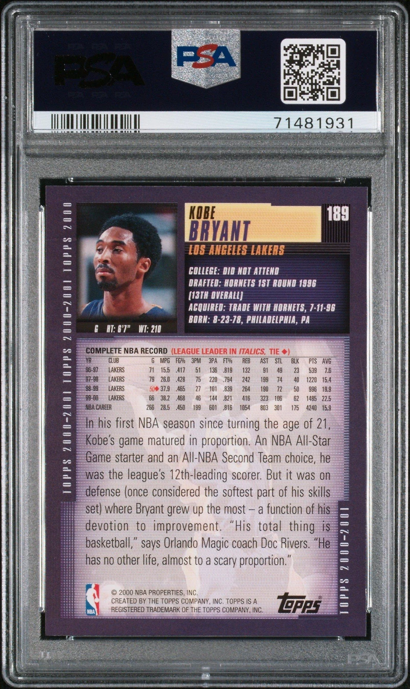 2000 Topps 189 Kobe Bryant PSA 9