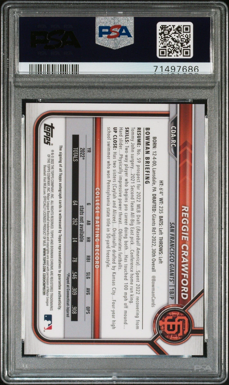 2022 Bowman Draft Chrome Draft Pick Autographs Cdarc Reggie Crawford Green Refractor PSA 10
