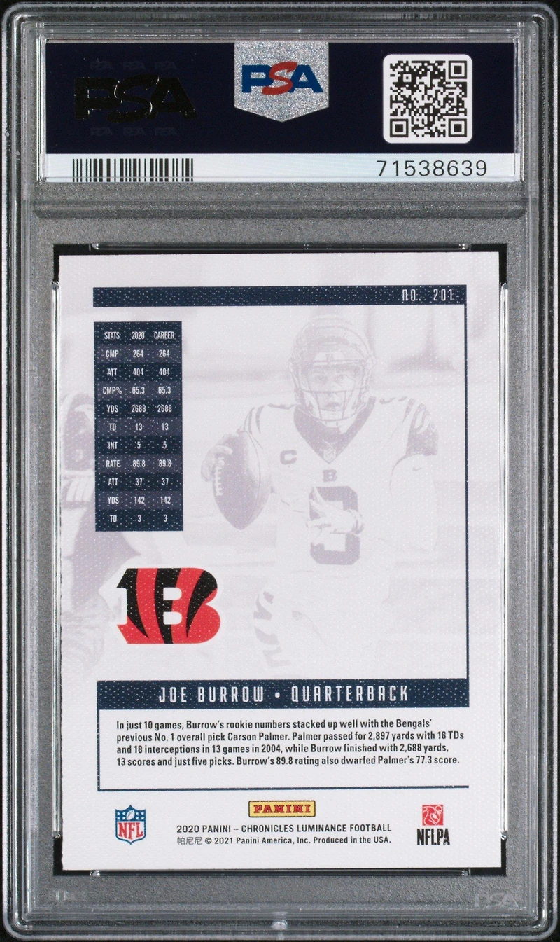 2020 Panini Chronicles Luminance 201 Joe Burrow PSA 10