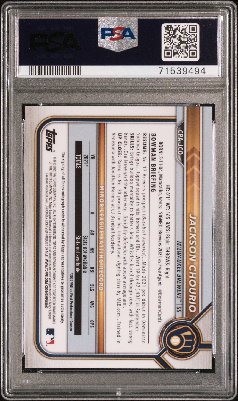 2022 Bowman Chrome Prospect Autographs Cpajco Jackson Chourio PSA