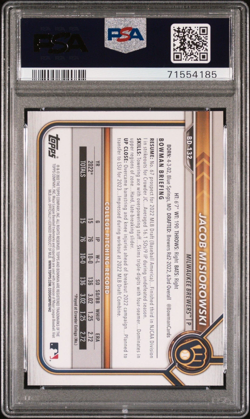 2022 Bowman Draft 1st Edition 132 Jacob Misiorowski Gold Foil PSA 10