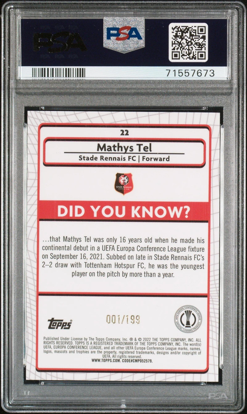 2021-2022 Topps Merlin Chrome Uefa League 22 Mathys Tel Aqua Speckle Refractor PSA 9