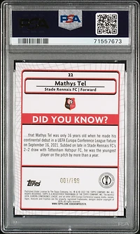 2021-2022 Topps Merlin Chrome Uefa League 22 Mathys Tel Aqua Speckle Refractor PSA 9