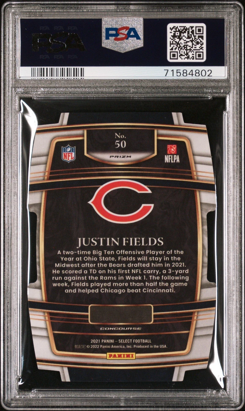 2021 Panini Select 50 Justin Fields Die-cut Zebra Prizm PSA 8
