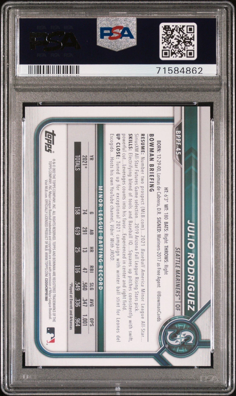 2022 Bowman 1st Edition Bppf45 Julio Rodriguez Sky Blue Foil PSA 9