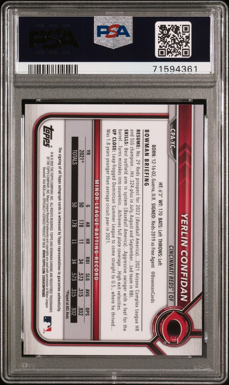 2022 Bowman Chrome Prospect Autographs Cpayc Yerlin Confidan Speckle Refractor PSA 9