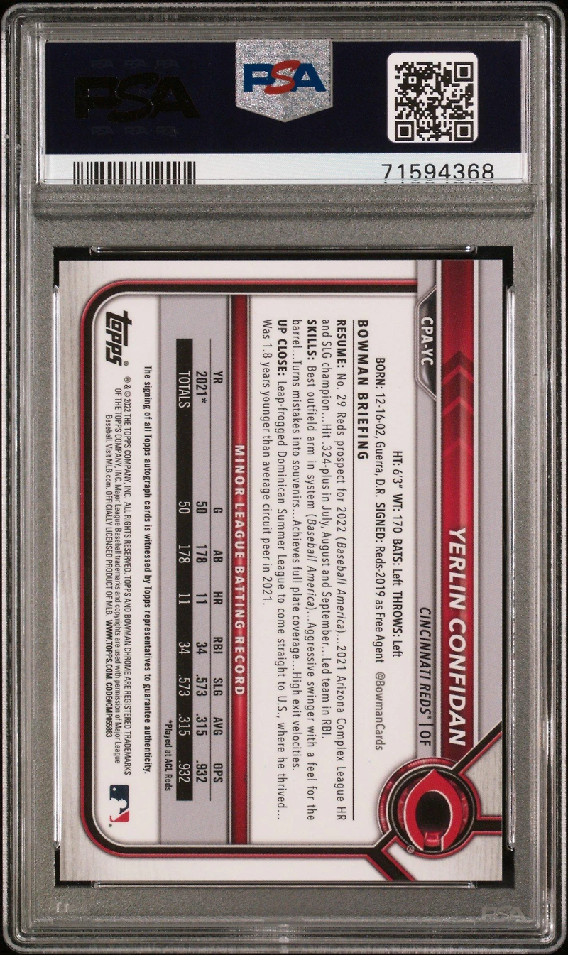 2022 Bowman Chrome Prospect Autographs Cpayc Yerlin Confidan PSA 9