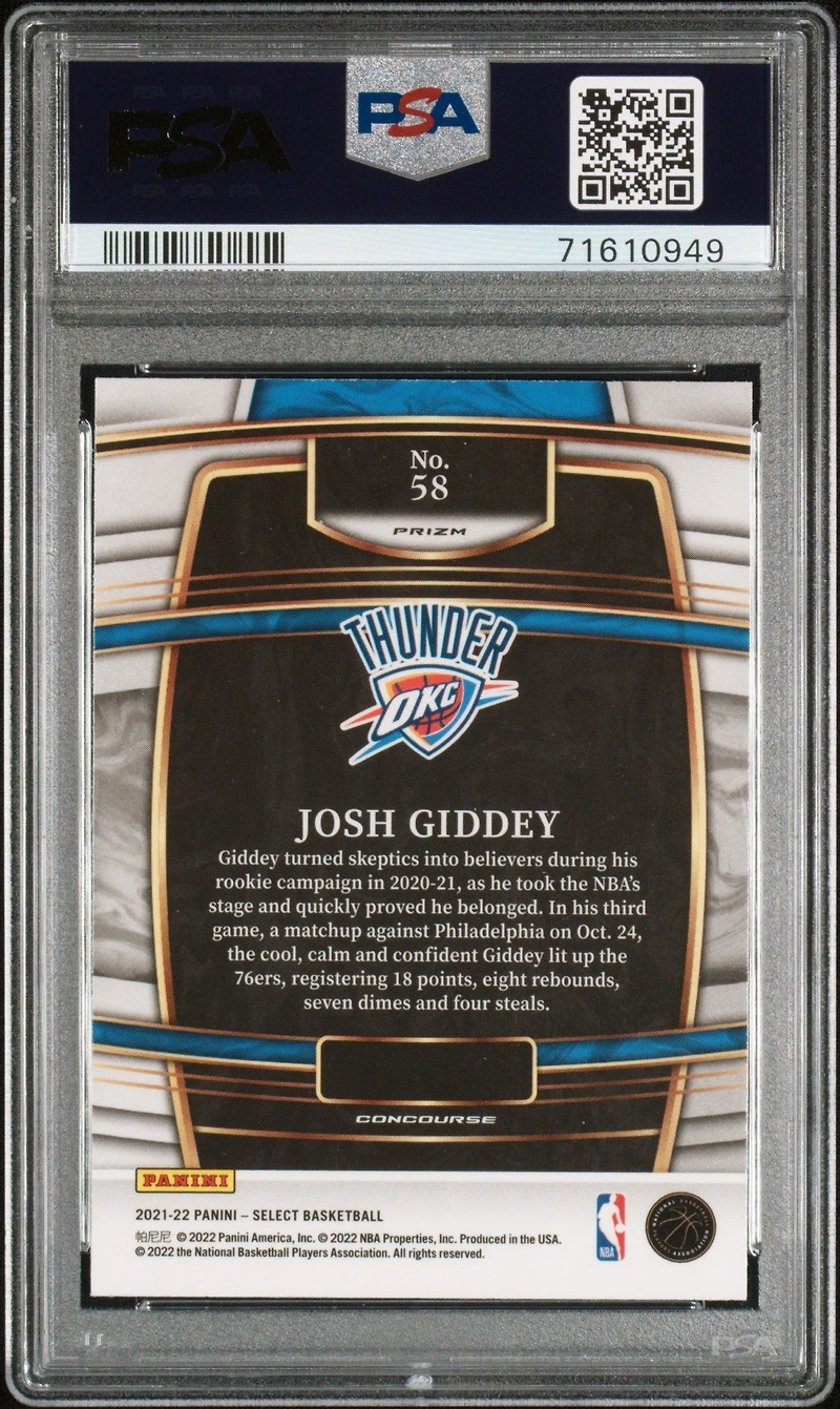 2021 Panini Select 58 Josh Giddey Tri-color Prizm PSA 10