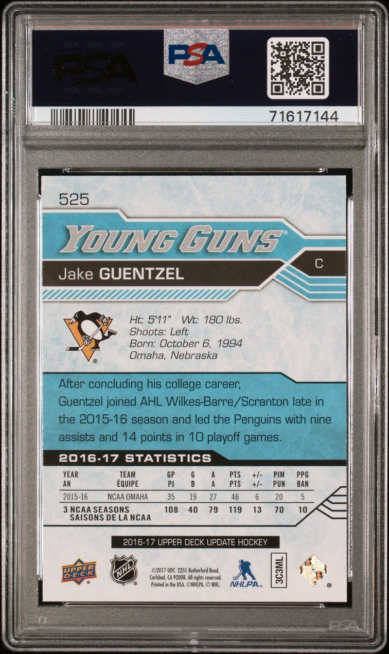 2016 Sp Authentic Upper Deck Update 525 Jake Guentzel PSA 9