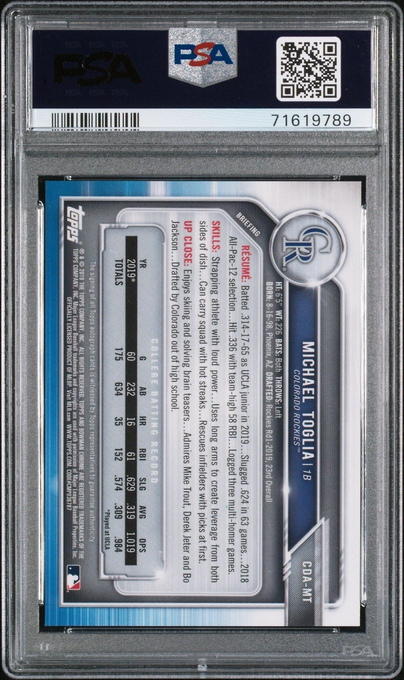 2019 Bowman Draft Chrome Draft Picks Autograph Cdamt Michael Toglia PSA 10