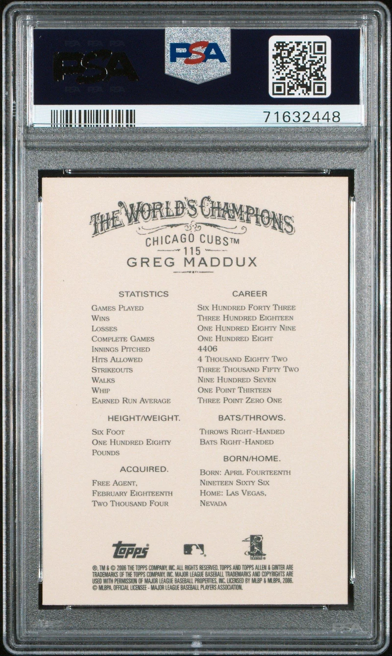 2006 Topps Allen & Ginter 115 Greg Maddux PSA 10