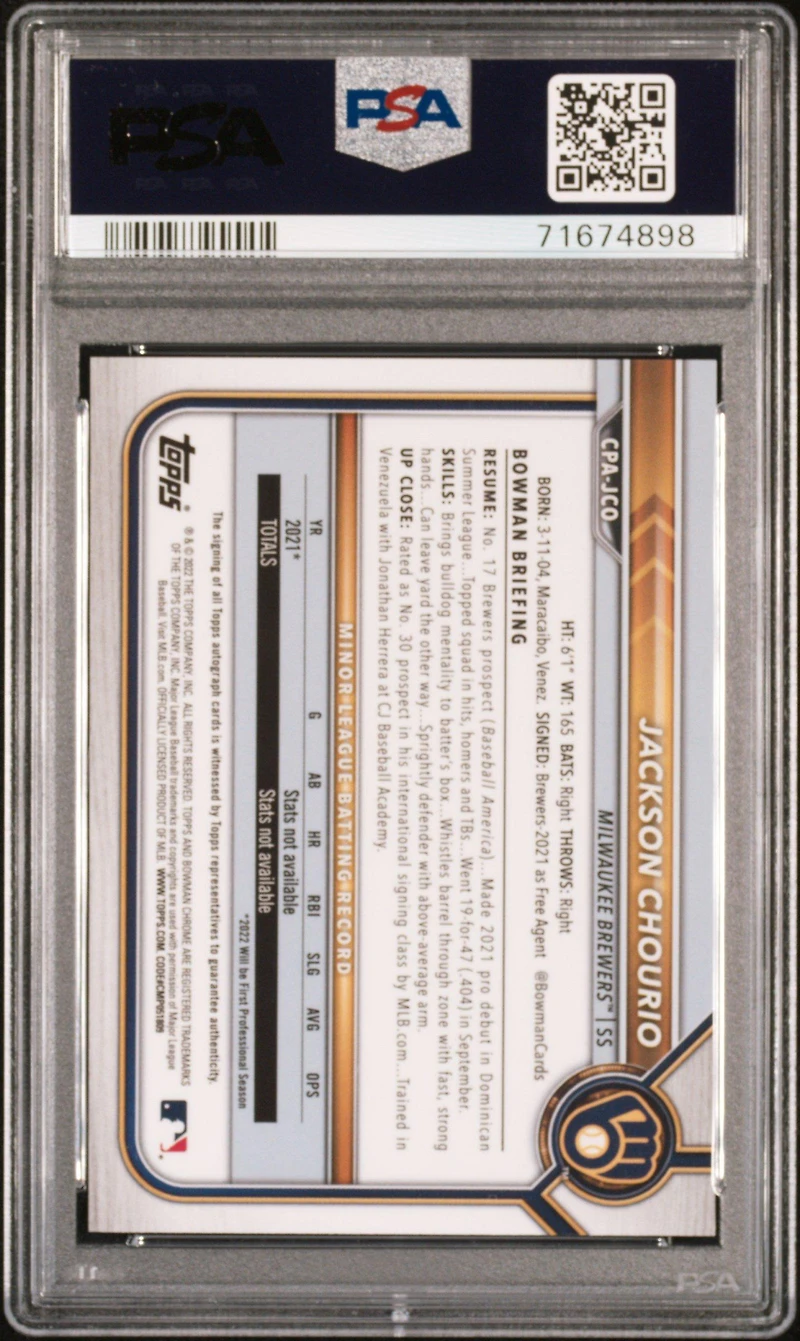 2022 Bowman Chrome Prospect Autographs Cpajco Jackson Chourio PSA 10