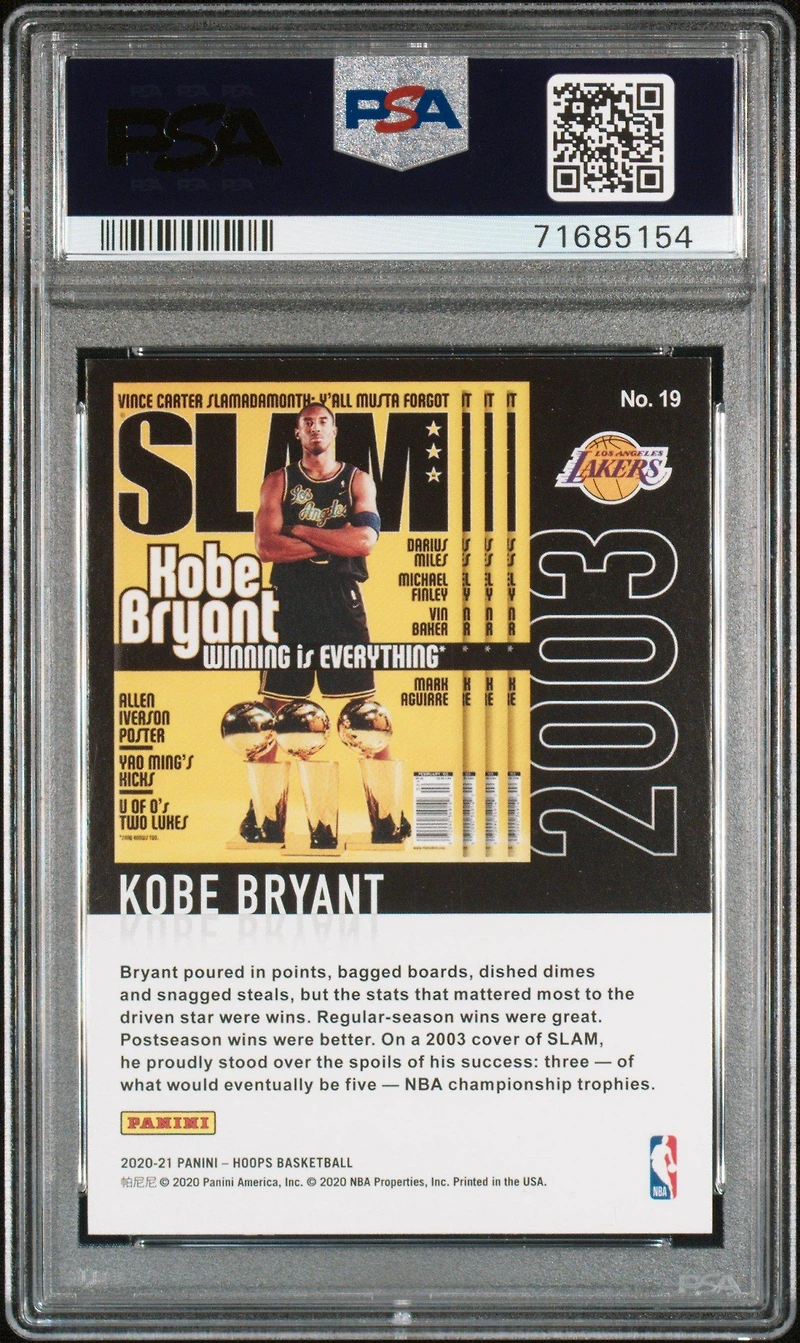 2020 Panini Hoops Slam 19 Kobe Bryant Holo PSA 9