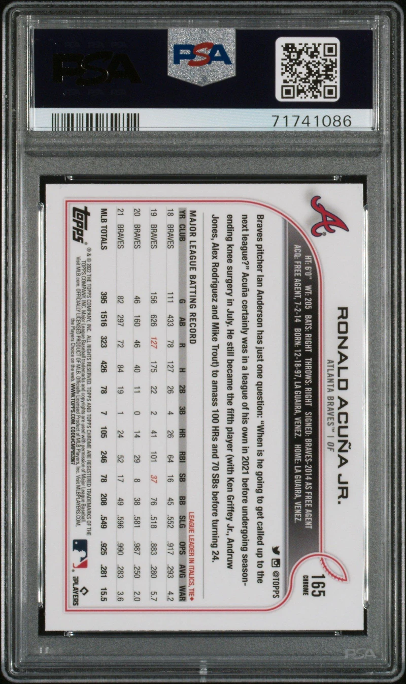 2022 Topps Chrome 165 Ronald Acuna Jr. Black & White Mini Diamond Refractor PSA 10