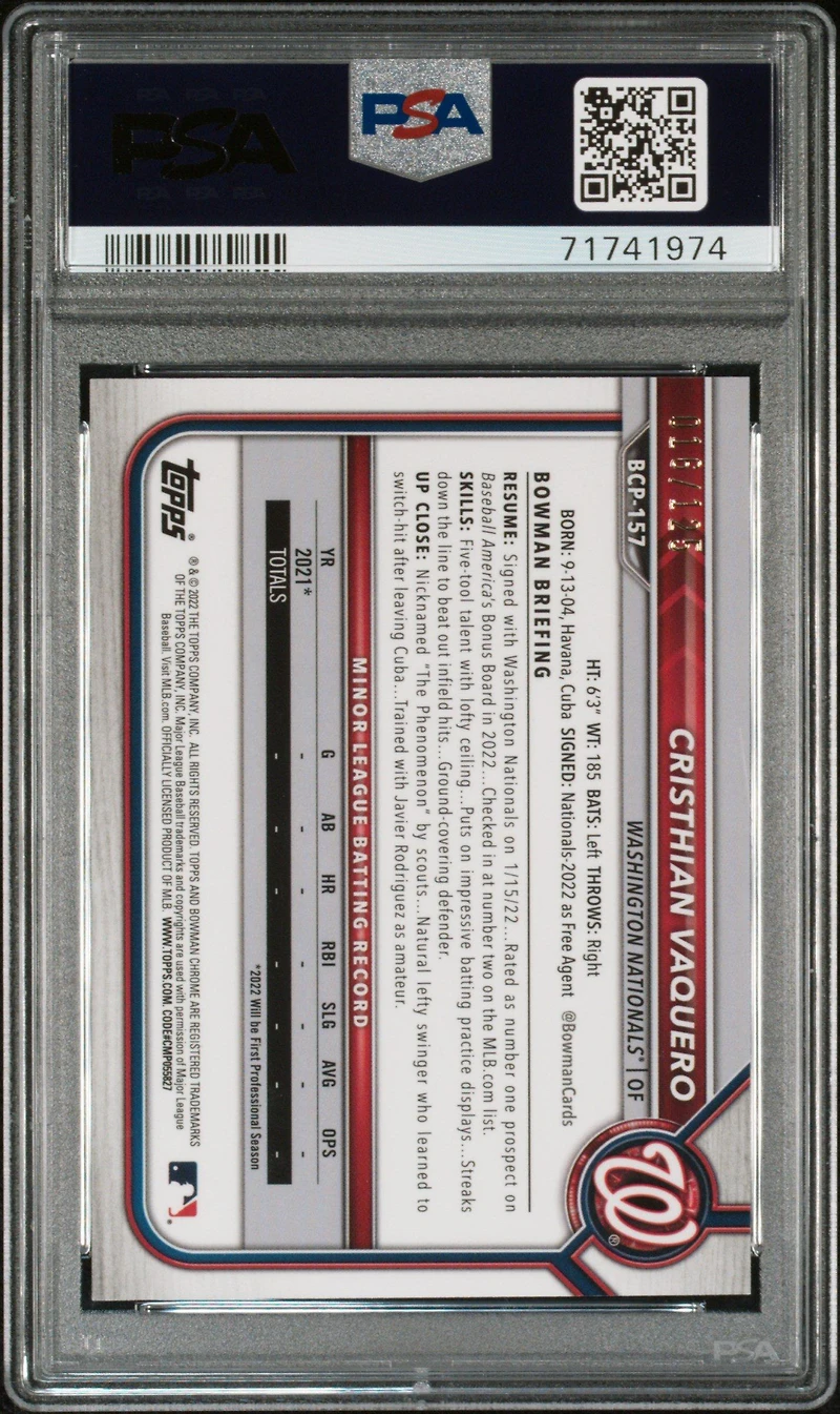 2022 Bowman Chrome Prospects Bcp157 Cristhian Vaquero Aqua/pink Vapor Refractor PSA 10