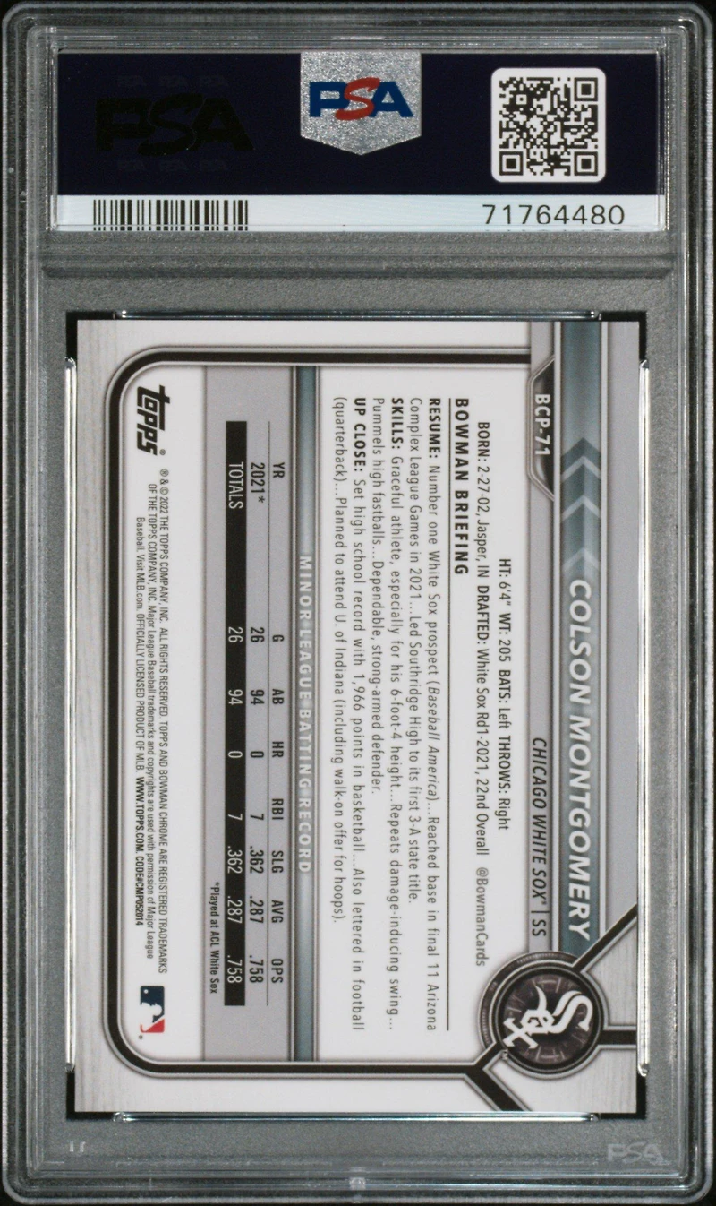 2022 Bowman Mega Box Chrome 71 Colson Montgomery PSA 10