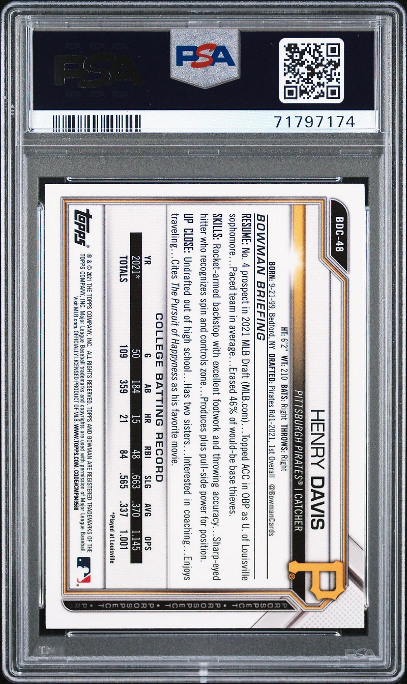 2021 Bowman Draft Bdc48 Henry Davis Chrome PSA 9