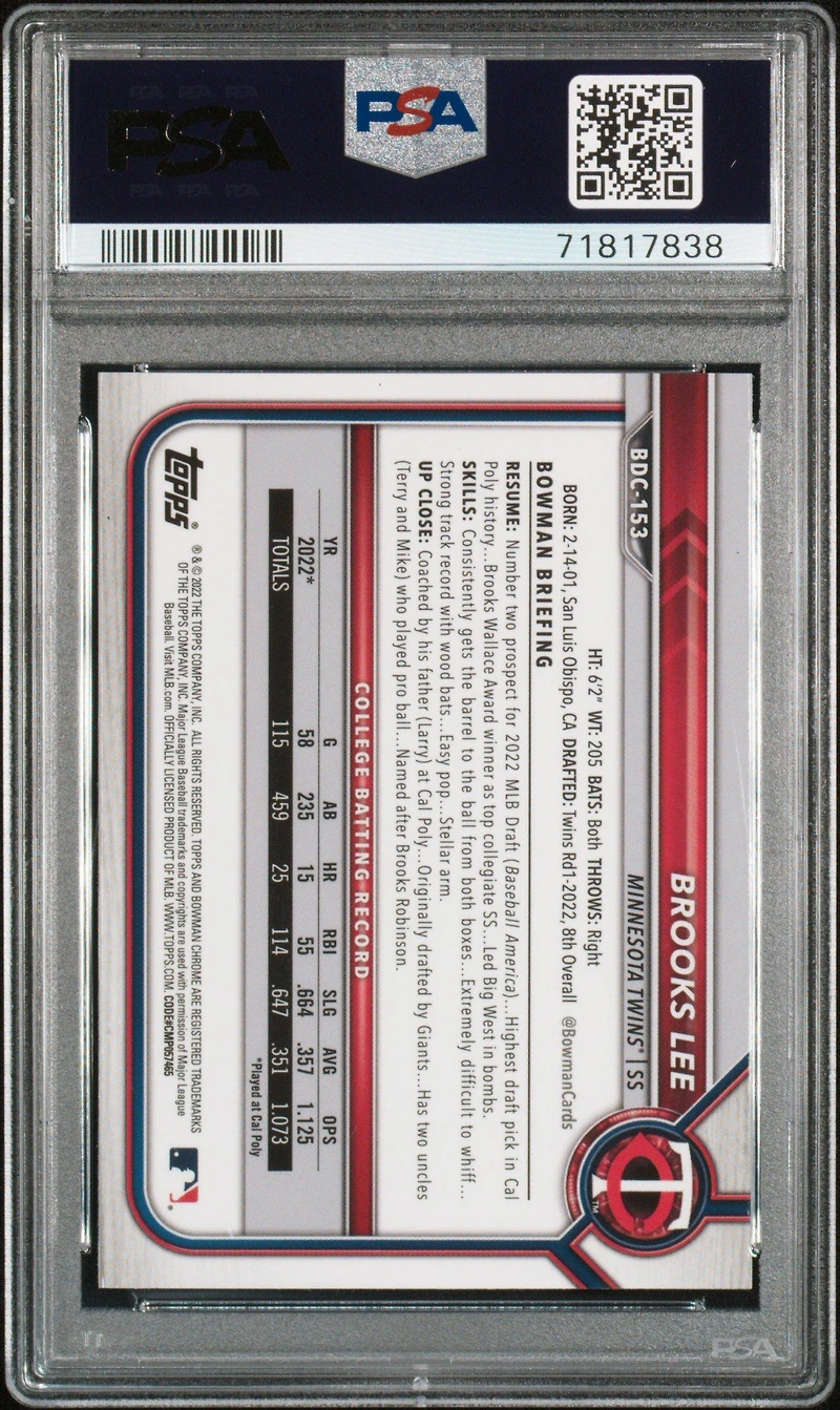 2022 Bowman Draft Chrome Sapphire Edition Bdc153 Brooks Lee PSA 10
