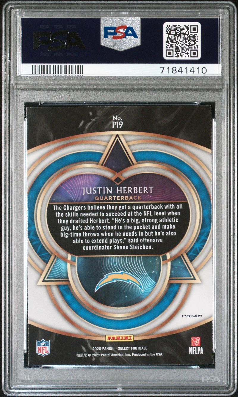 2020 Panini Select Phenomenon P19 Justin Herbert Prizm PSA 9