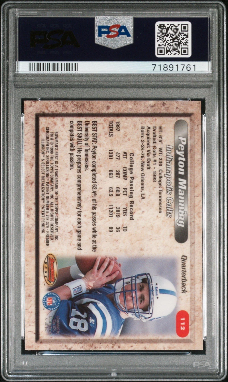 1998 Bowman's Best 112 Peyton Manning PSA 9