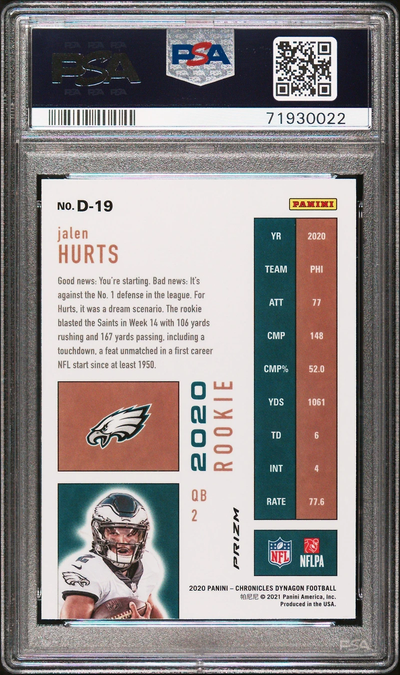 2020 Panini Chronicles Dynagon Rookies D19 Jalen Hurts Silver PSA 9