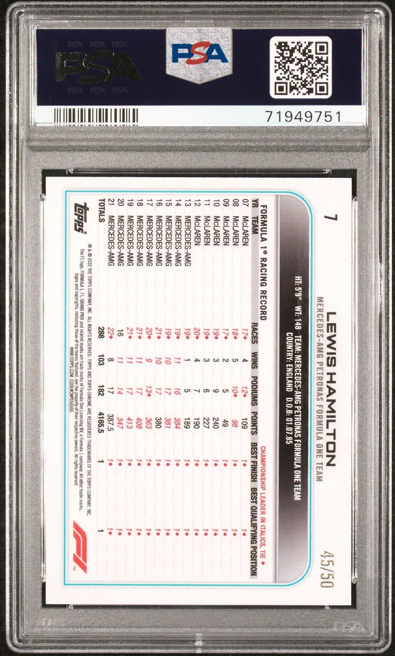 2022 Topps Chrome Formula 1 7 Lewis Hamilton Gold Checker Flag Refractor PSA 10