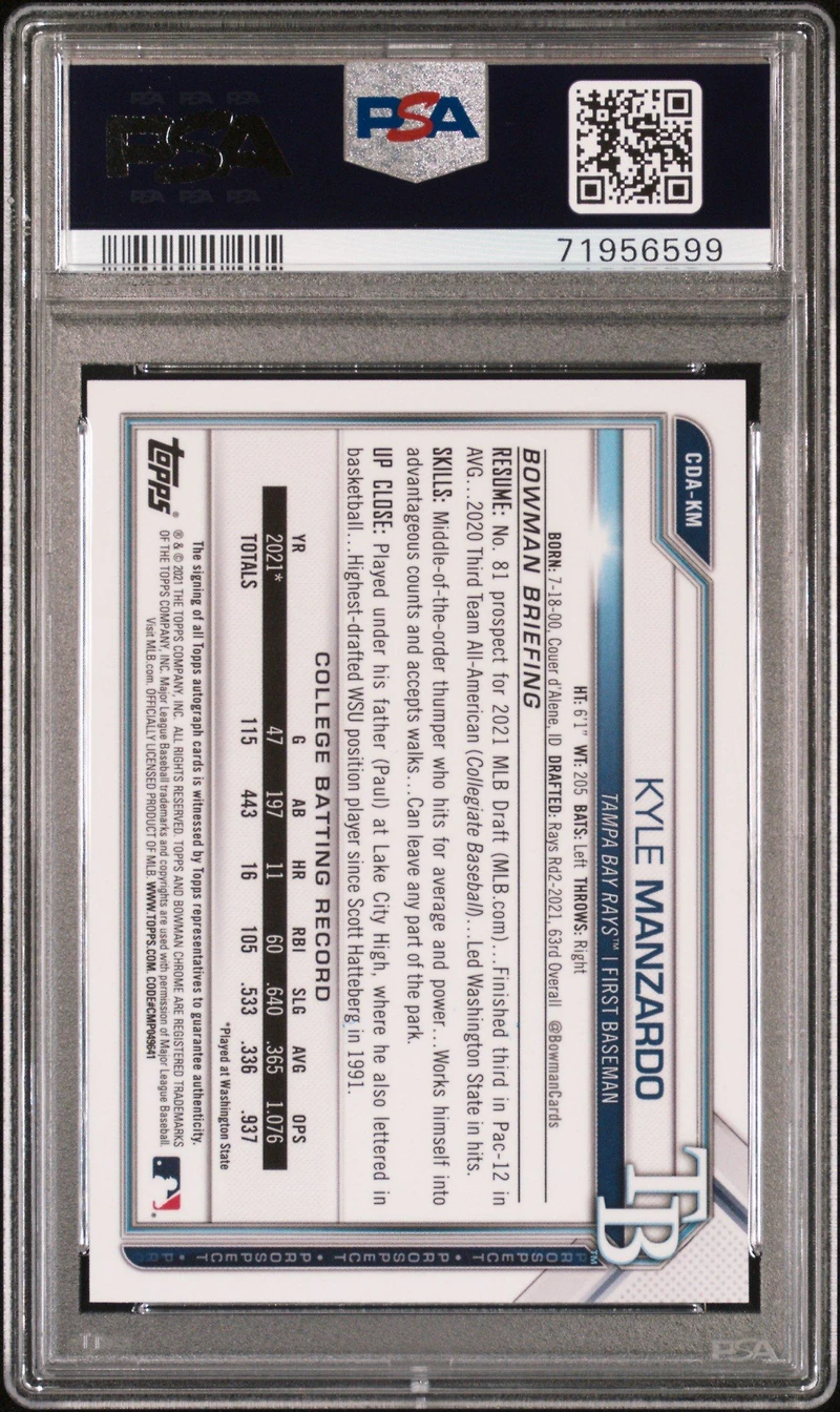 2021 Bowman Draft Chrome Draft Pick Autographs Cdakm Kyle Manzardo PSA 10
