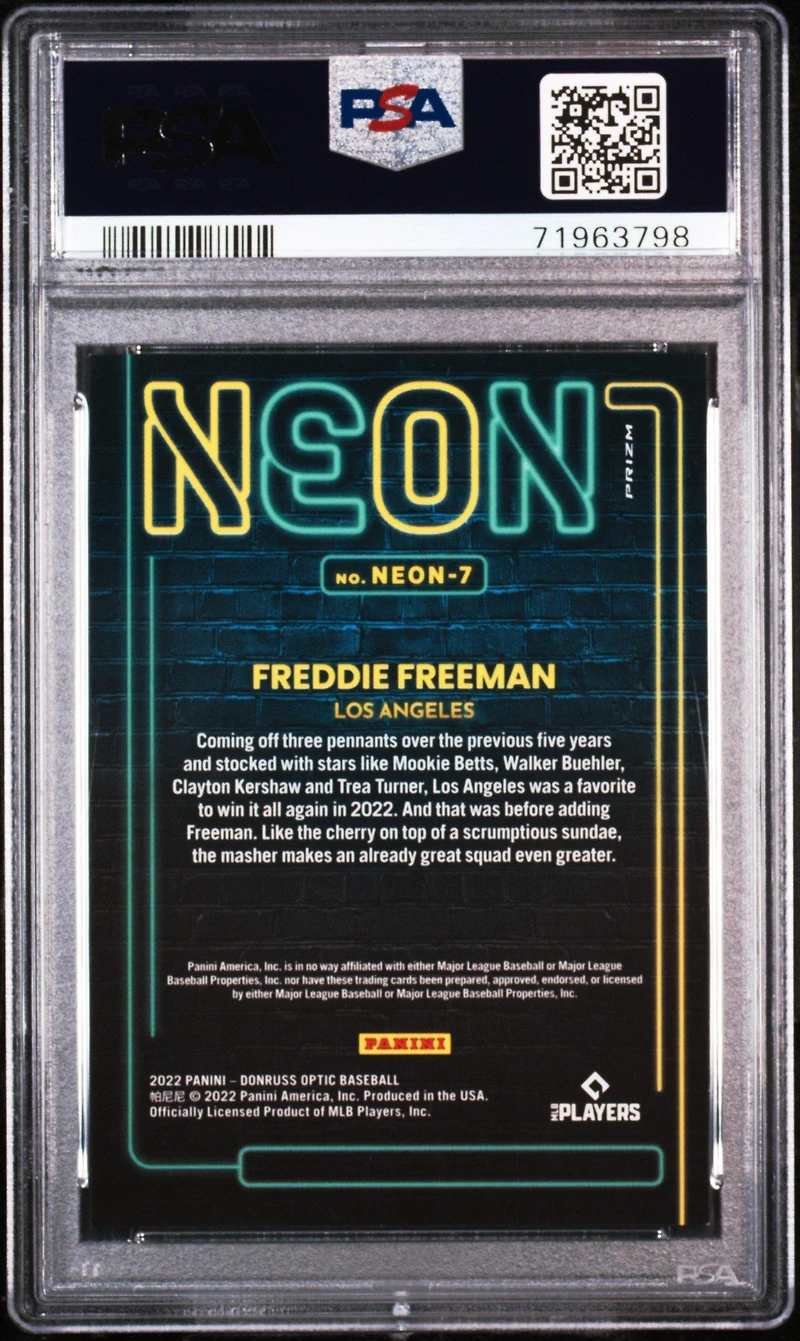 2022 Panini Donruss Optic Neon Neon7 Freddie Freeman PSA 10