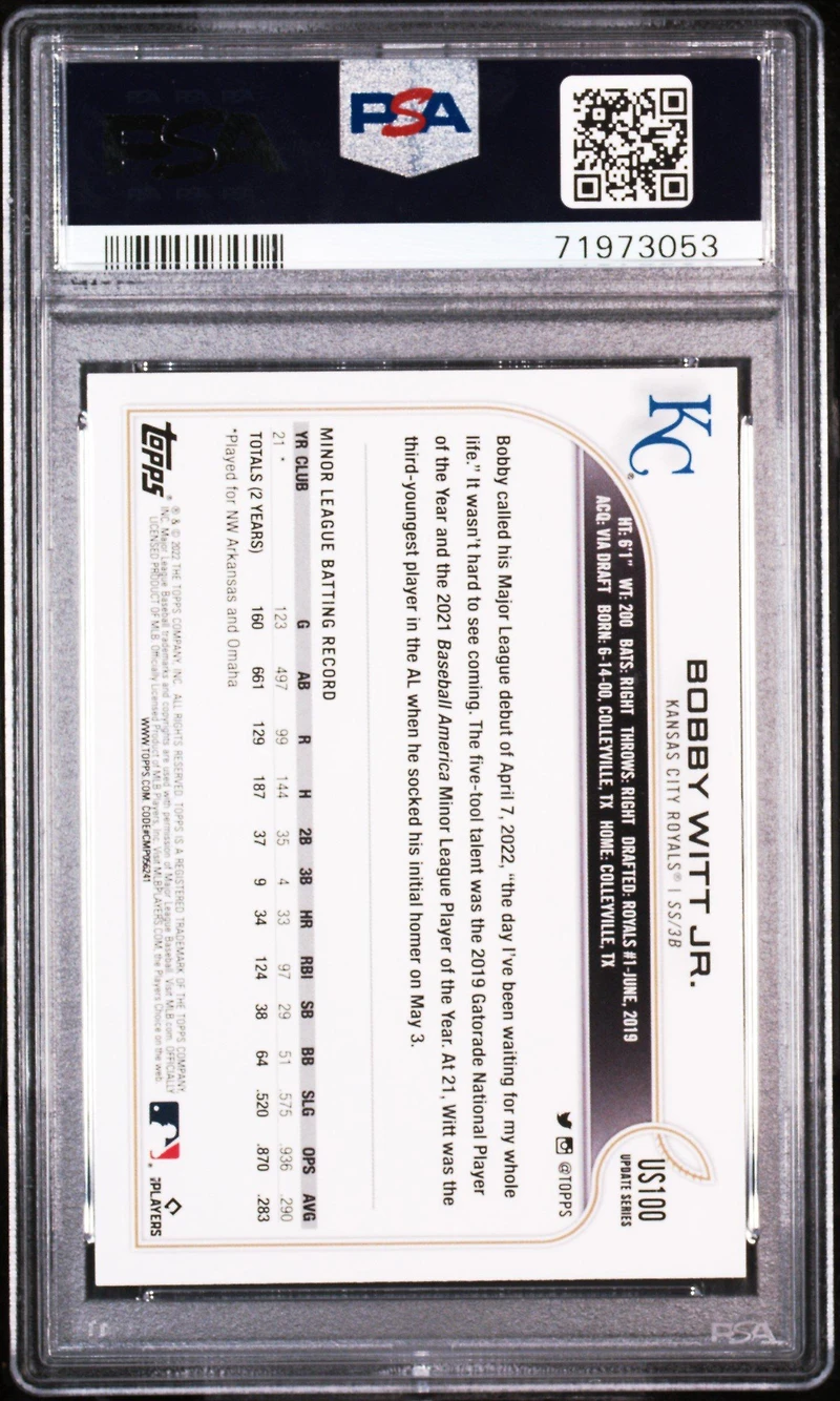 2022 Topps Update Us100 Bobby Witt Jr. PSA
