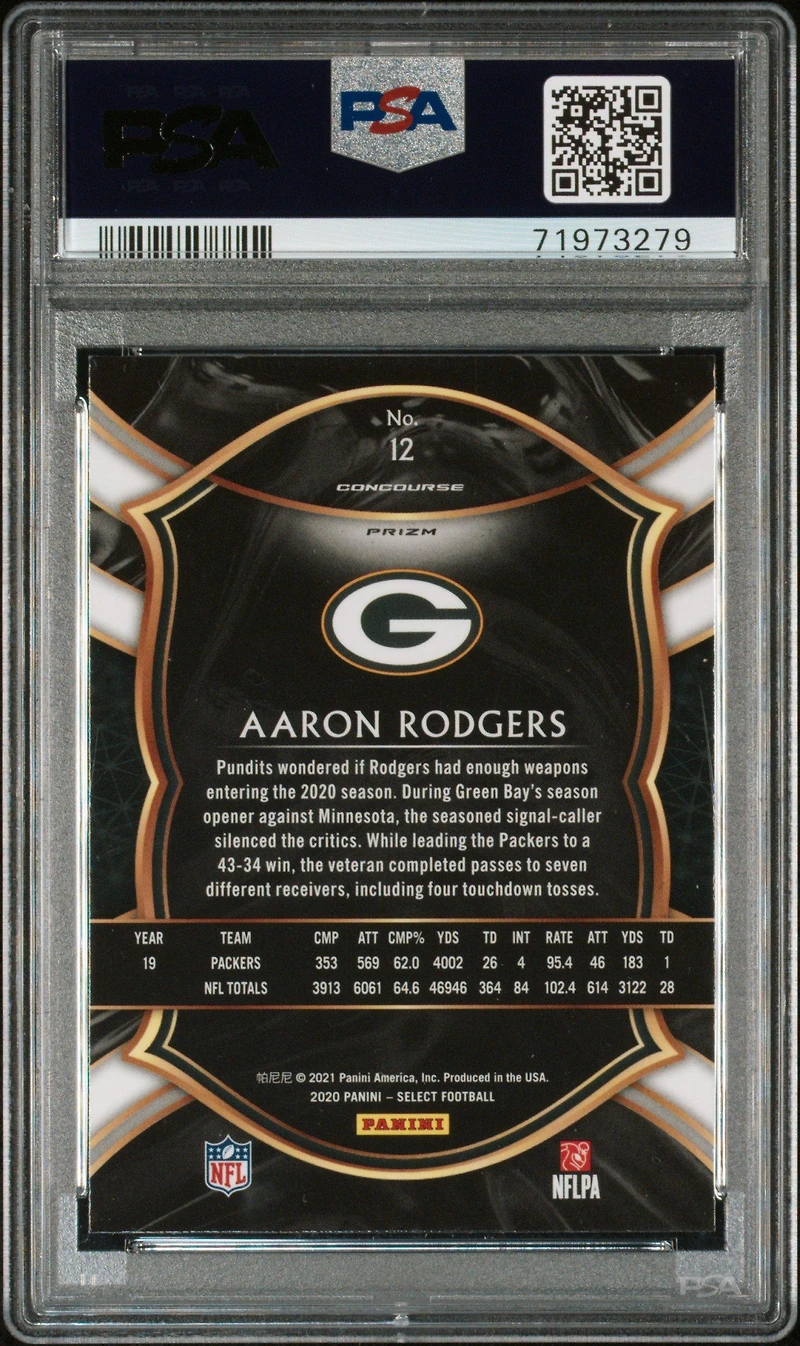 2020 Panini Select 12 Aaron Rodgers Cosmic Prizm PSA 10