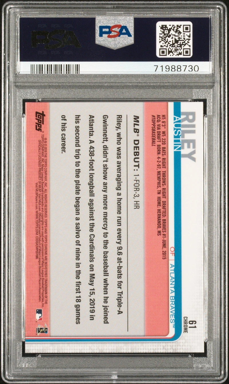 2019 Topps Chrome Update 61 Austin Riley PSA 10