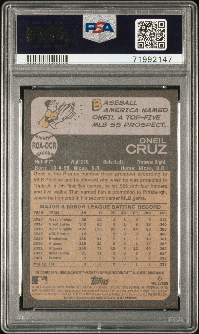 2022 Topps Heritage Real One Autographs Roaocr Oneil Cruz PSA 9