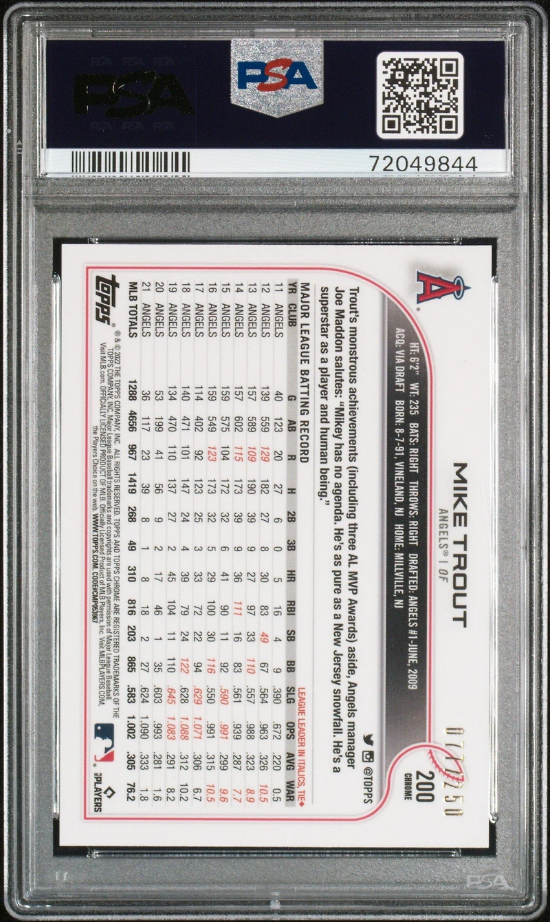 2022 Topps Chrome 200 Mike Trout Purple Refractor PSA 10