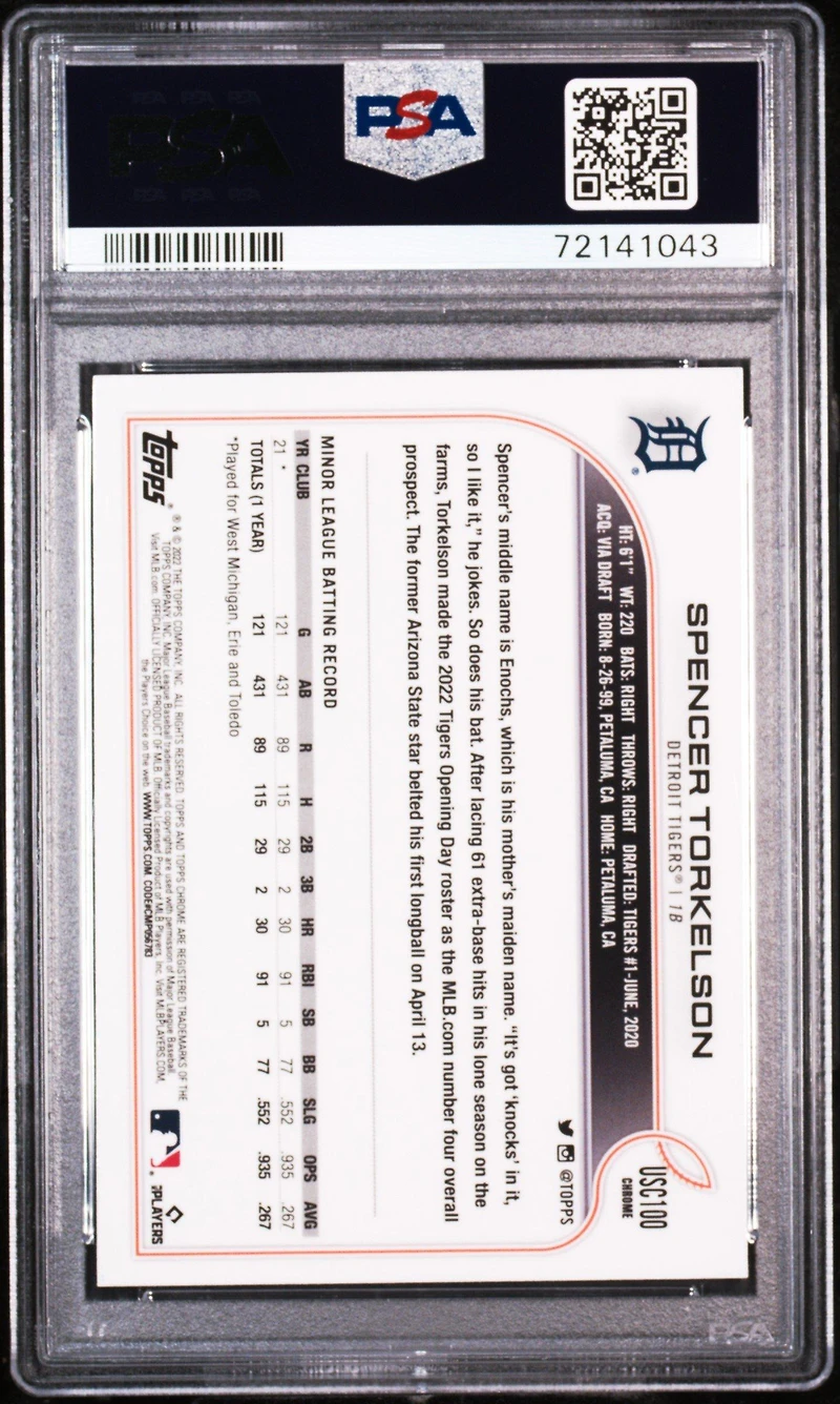 2022 Topps Chrome Update Usc100 Spencer Torkelson Purple Refractor PSA 10