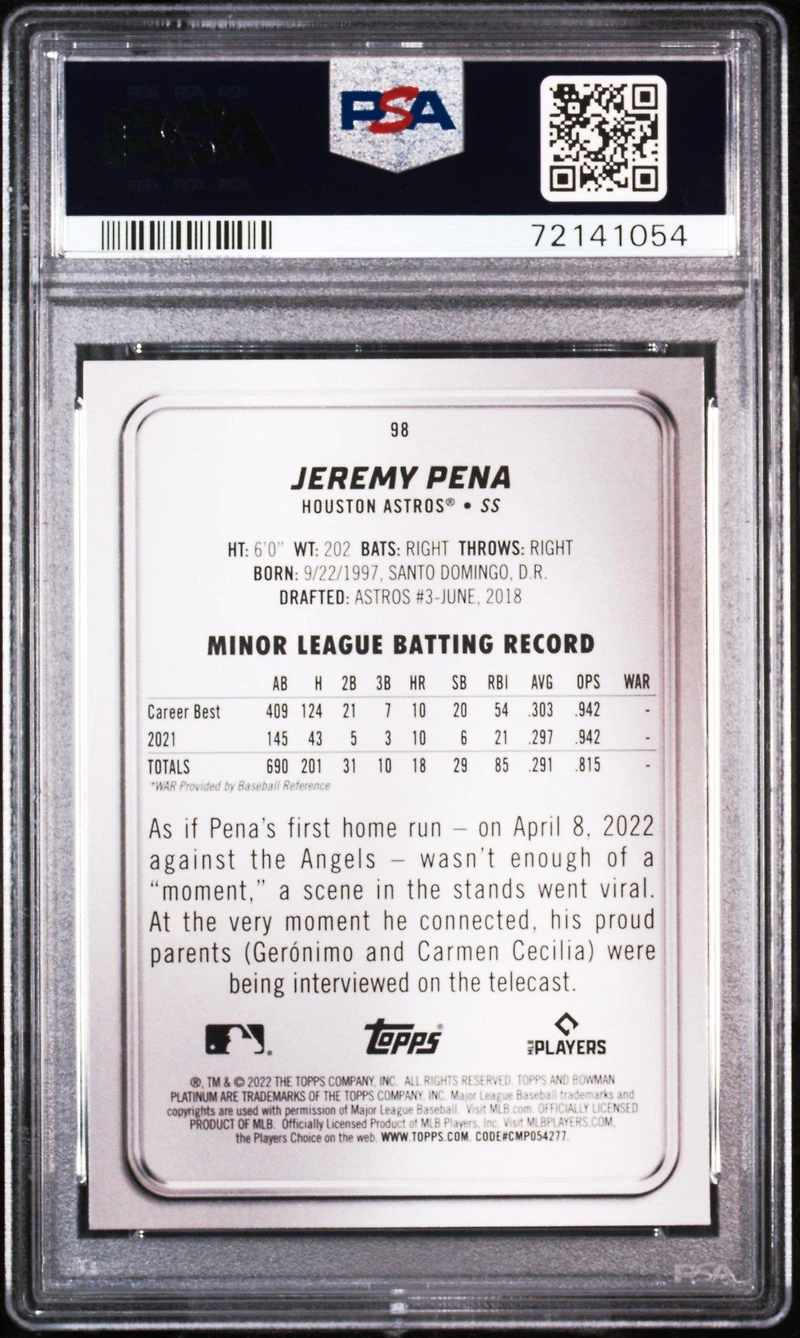 2022 Bowman Platinum 98 Jeremy Pena PSA 10