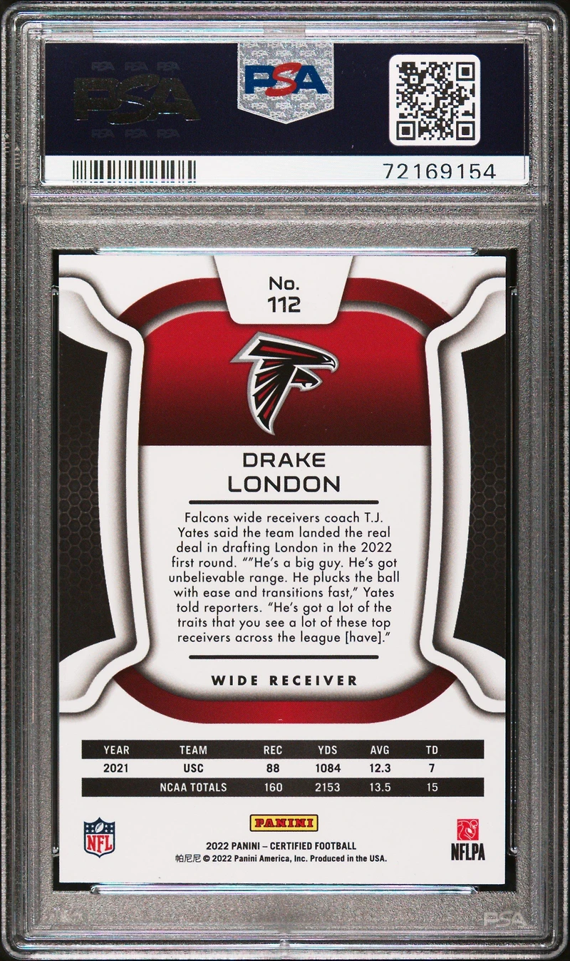 2022 Panini Certified 112 Drake London Mirror Red PSA 10