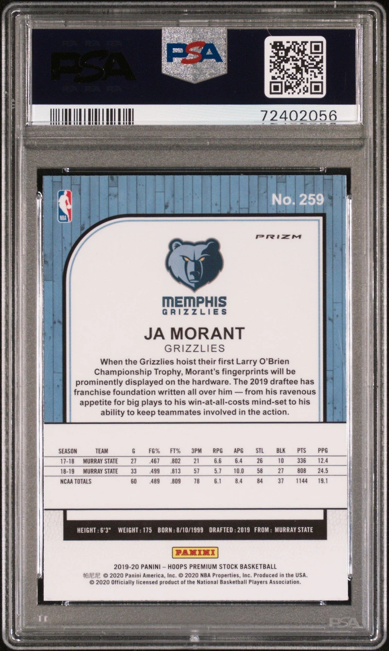 2019 Panini Hoops Premium Stock 259 Ja Morant Purple Disco PSA 10