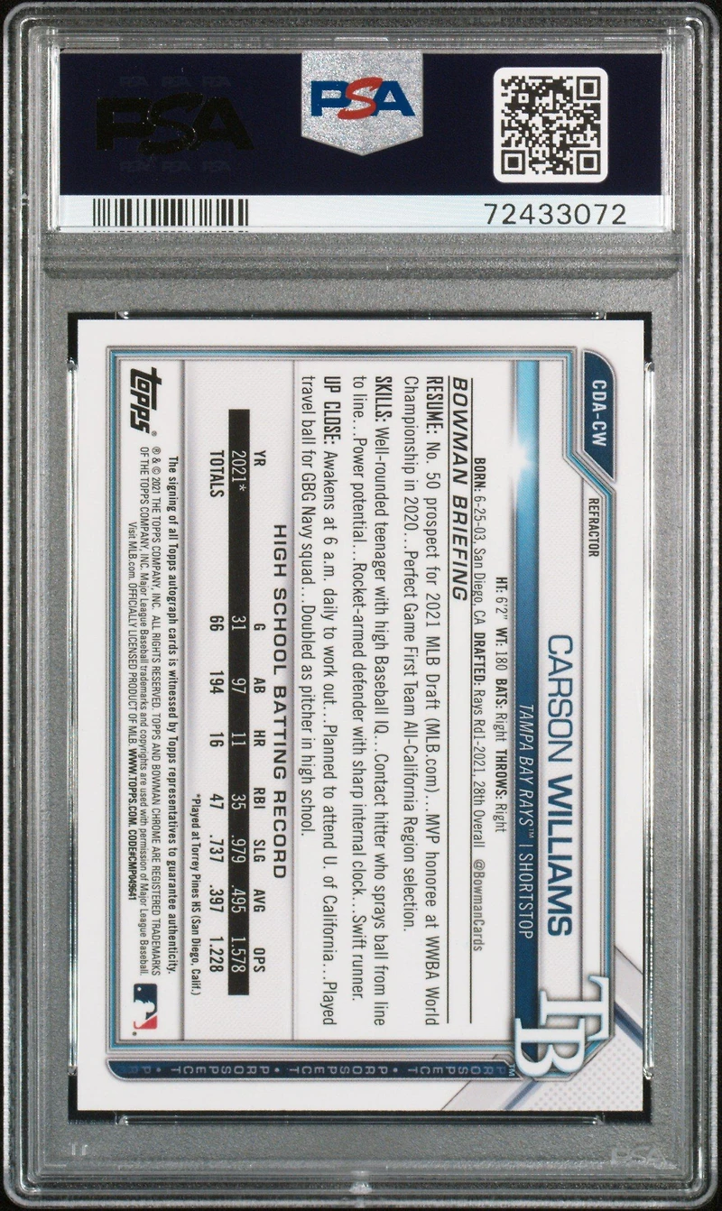 2021 Bowman Draft Chrome Draft Pick Autographs Cdacw Carson Williams Refractor PSA 9
