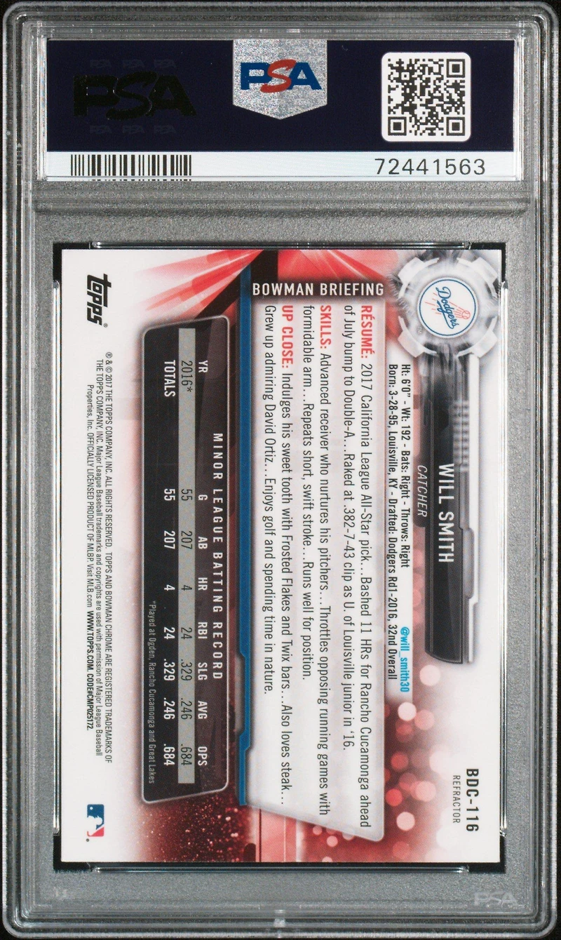 2017 Bowman Draft Bdc116 Will Smith Chrome-refractor PSA 10
