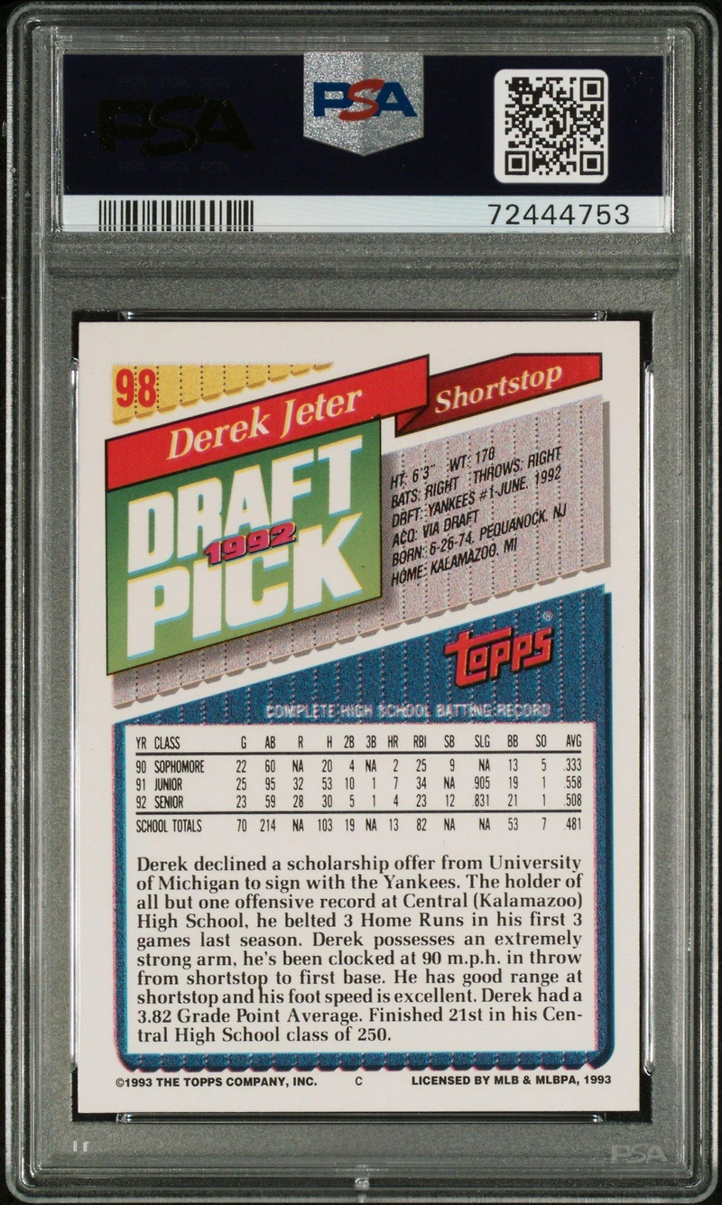 1993 Topps Gold 98 Derek Jeter PSA