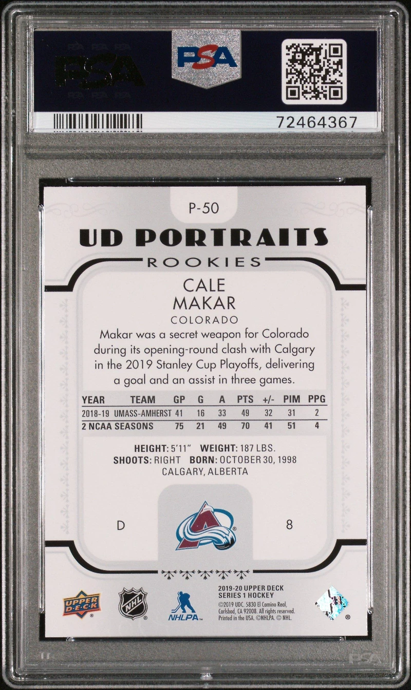 2019 Upper Deck Portraits P-50 Cale Makar PSA 10