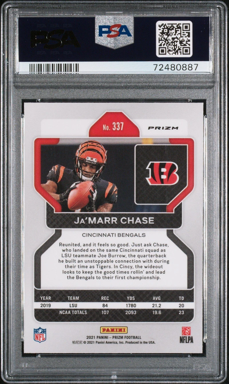 2021 Panini Prizm 337 Ja’marr Chase Neon Green Pulsar PSA 10