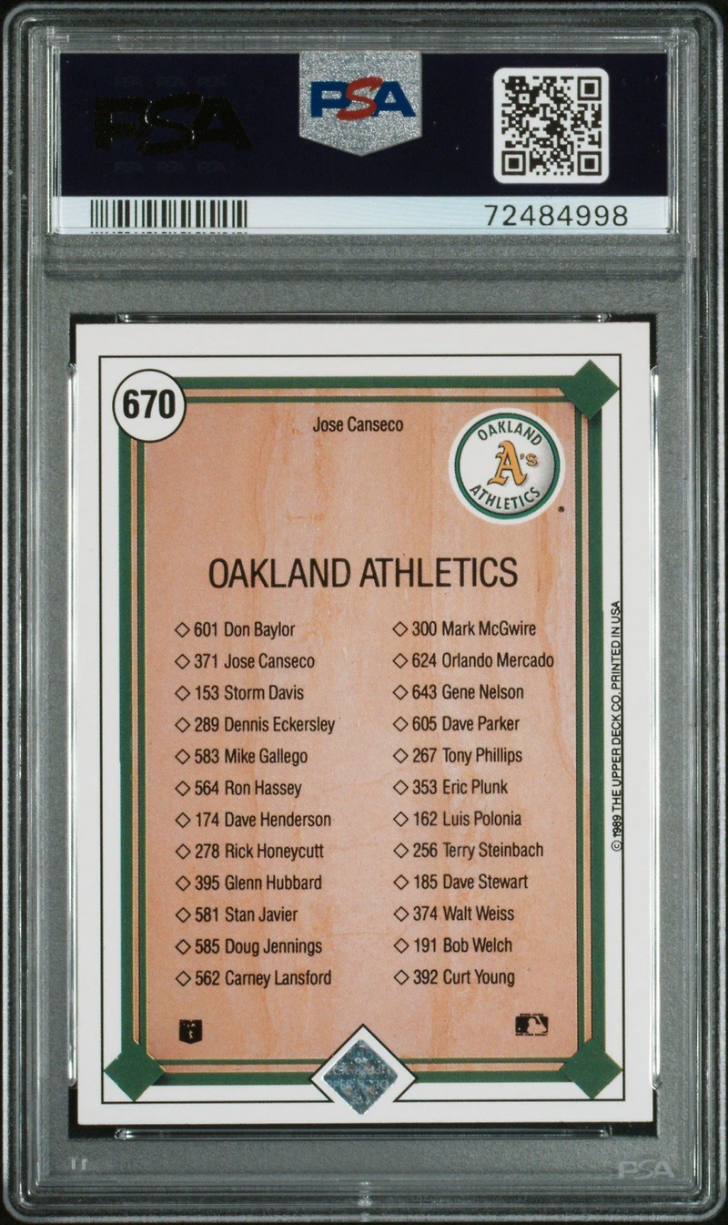 1989 Upper Deck 670 Jose Canseco A's Checklist PSA 9