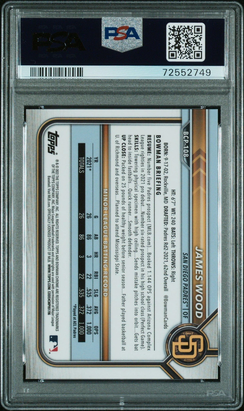 2022 Bowman Chrome Prospects Bcp108 James Wood Fuchsia Refractor PSA 9