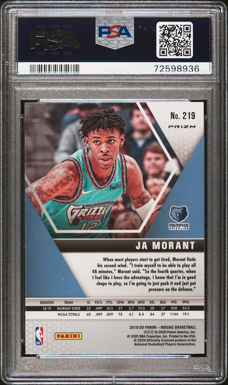 2019 Panini Mosaic 219 Ja Morant Pink Camo PSA 10